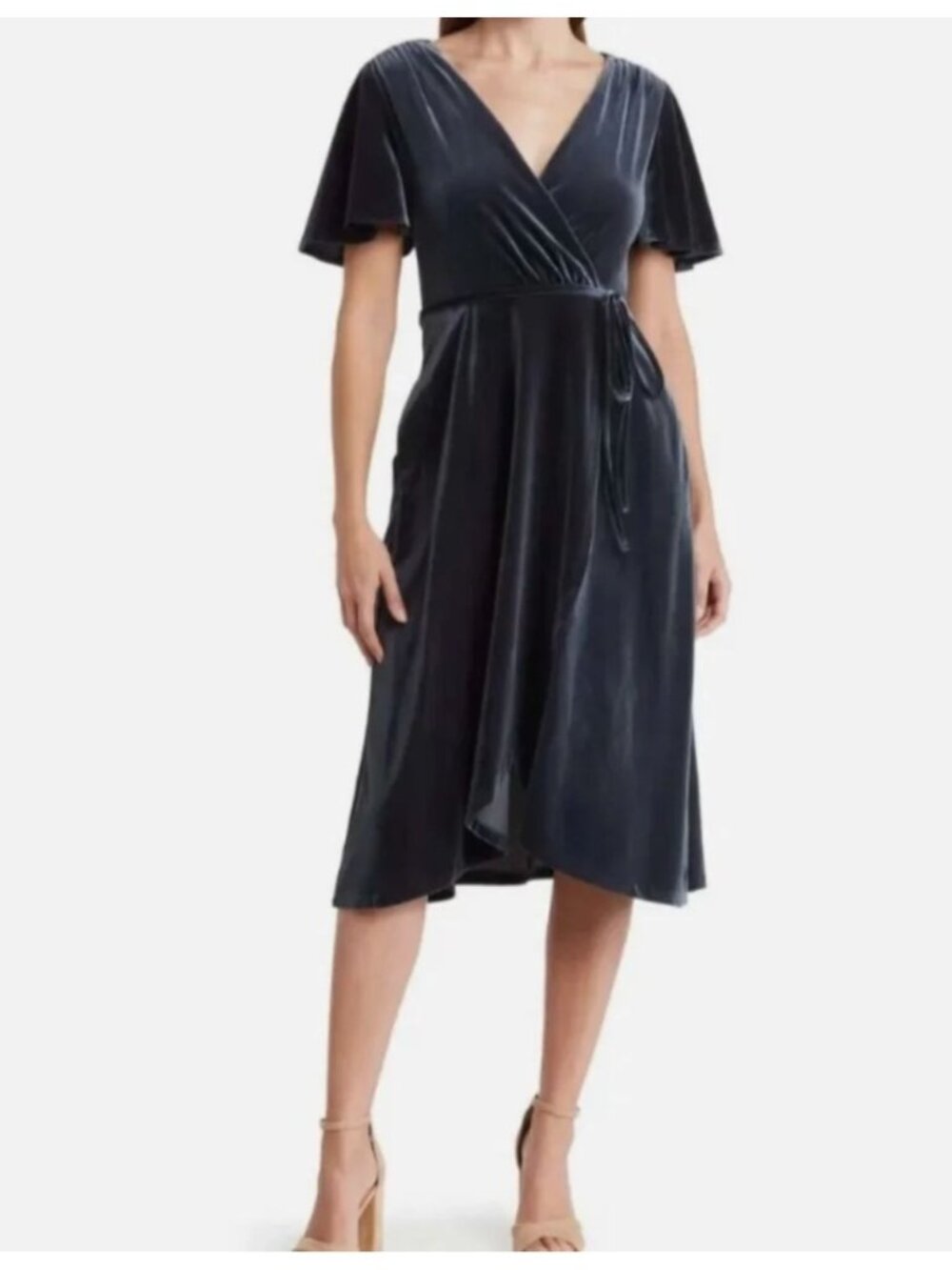 Vince Camuto‎ Blue Gray Flutter Sleeve Velvet Velour Dress w/Tie Size 6 Evening